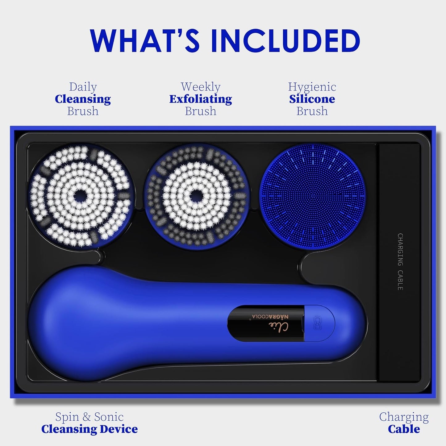 Premium Face Scrubber, Deep Pore Cleansing Brush, Waterproof & Rechargeable Face Scrub Brush for Men& Women, Electric Facial Exfoliator with 3 Brushes, 3 Intensities, 2 Modes with Eye Rollor - Azure