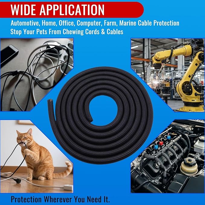 Flauzmann 1/4" Braided Cable Sleeve - 10Ft Cat Cord Protector Split Wire Loom Tubing Flexible Self Wrapping for USB, Audio, Automotive Cord, Dog Chew Proof Cable Protector - Black
