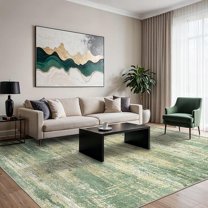 GENIMO 8x10 Area Rugs, Machine Washable Rugs for Living Room Low Pile, Modern Green Rug with Non-Slip Rubber Backing, Soft Pet Friendly Carpet for Bedroom, Dining Room, Office, Desert Dawn