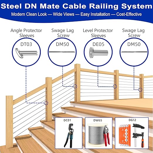 Steel DN Mate 200 Pack Stainless Steel Protector Sleeves for 1/8" 5/32" or 3/16" Cable Railing, Cable Protector Sleeves for Cable Railing System,T316 Cable Railing Hardware with a Drill Bit, DE05
