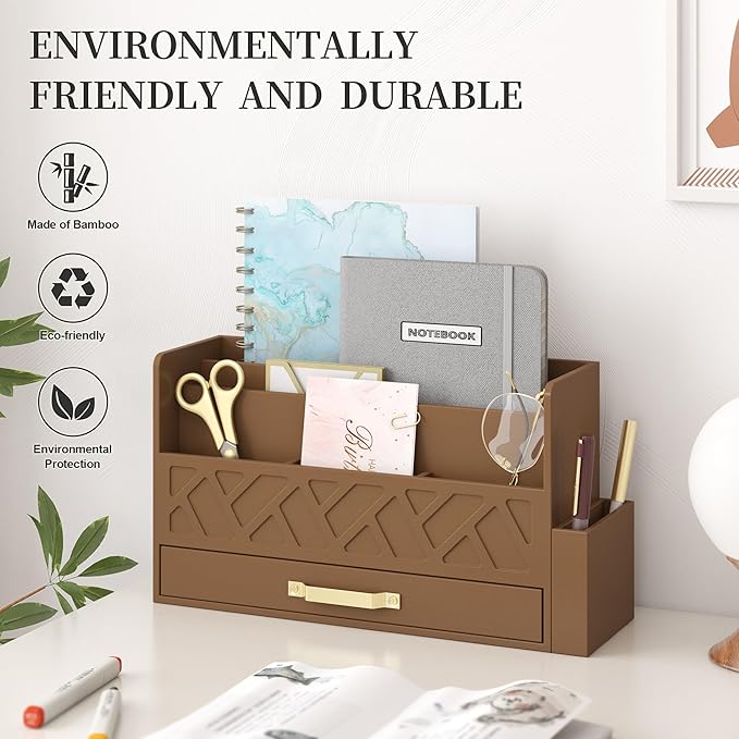 Wisuce Home Bamboo Desktop Organizer with Drawer,Bill & Mail Organizer for Office Desk, Wall Mounted and Countertop Mail Sorter,Workspace Storage Accessories Organizer for File Letter (Brown)