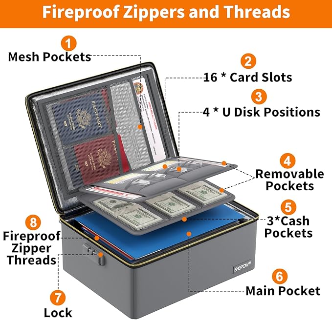 ENGPOW Fireproof Document Box, Hard Case File Box with Fireproof Zipper&Lock, 6400°F Heat Insulated Fire and Water Resistant File Organizer Storage Safe for Important Documents Laptop Cash, Gray