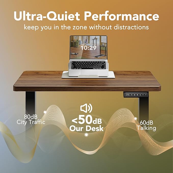 HUANUO 48" x 24" Electric Standing Desk Adjustable Height, 4 Memory Height Settings, Headphone Hook, Cable Manager, Sit Stand Up Desk for Home Office & Computer Workstation, Walnut