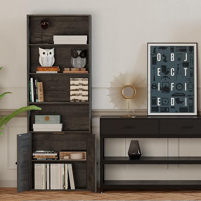 IRONCK Industrial Bookshelves and Bookcases with Doors Floor Standing 6 Shelf Display Storage Shelves 70 in Tall Bookcase for Home Office, Living Room