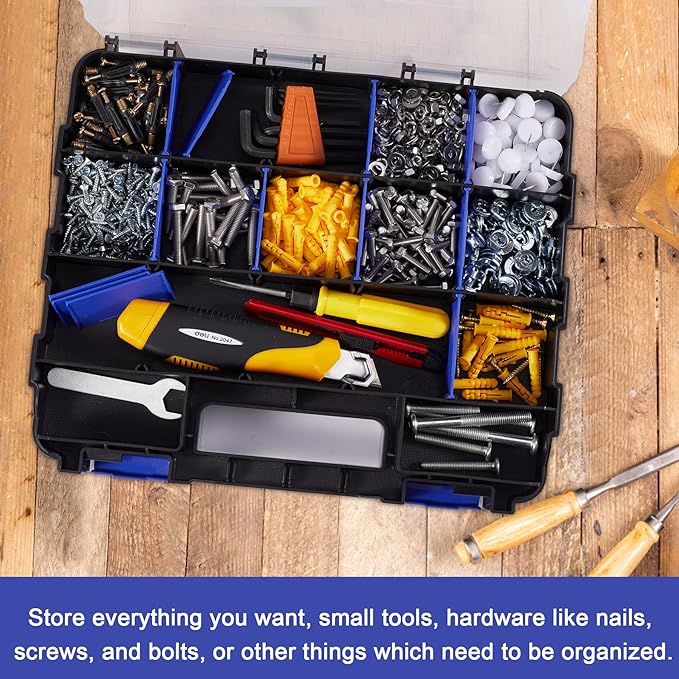 Hardware Organizer Box with 34 Compartments & Removable Dividers - Durable Plastic Double Side Tools Box for Nuts, Bolts, Screws, Nails & Small Hardware (Blue)