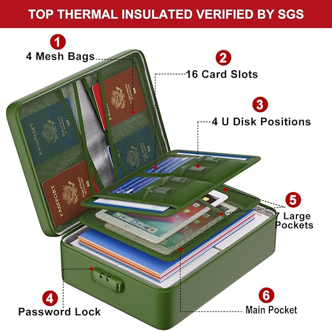 ENGPOW 5200°F Fireproof Document Bag with Lock, Upgraded Heat Insulated Fireproof&Waterproof Box 8 Layers Document Organizer, Portable Home Travel Safe Storage Box for Important Files, Laptop,Green