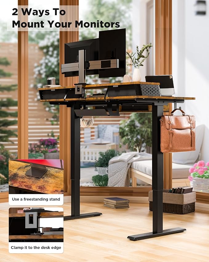 FiCiHi Electric Standing Desk with Four Drawers, Adjustable Height Sit Stand Desk, C-Clamp Compatible Home Office Desk with Storage Shelf & Monitor Stand Riser, 55 x 24 Inch, Rustic Brown