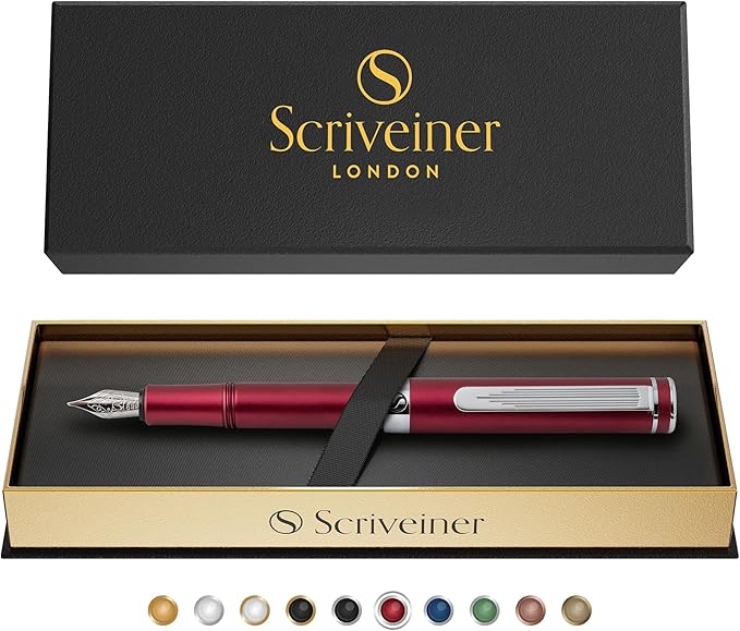 Scriveiner Luxury EDC Fountain Pen (Medium), Matt Red Pocket EDC with Chrome Finish, Schmidt German Nib, Converter, Best Writing Gift Set for Men & Women, Fancy Pen for the Office & Journaling