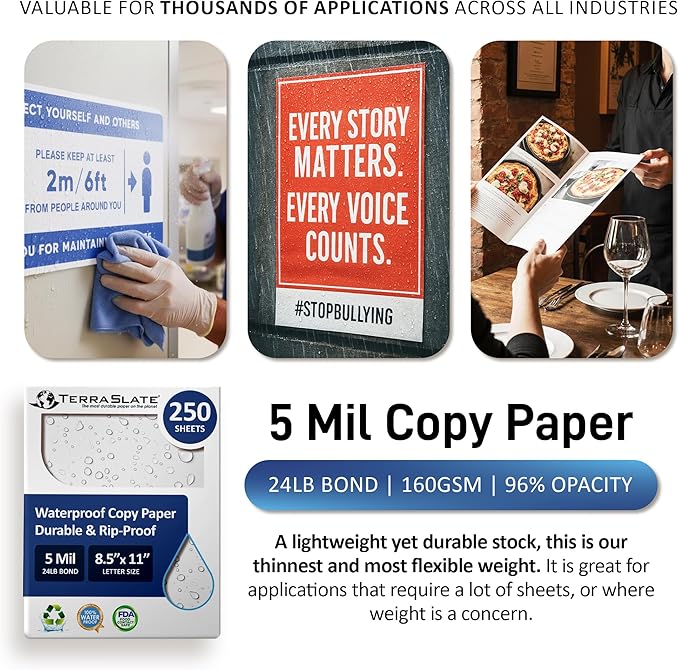 TerraSlate Premium Waterproof Paper, 5 MIL 8.5” x 11”, Laser Printer & Copy Machine Compatible, Durable & Rain/Weather-Proof Copy Paper, White Paper (250 Sheets)
