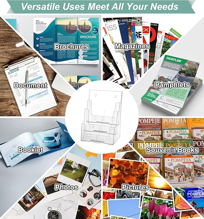 Argvey Acrylic Brochure Holder 8.5 x 11 inches, 3 Tier Clear Literature Holder with Removable Divider for Trifold 4 Inches Wide Pamphlet, Plastic Flyer Display Stand for Magazine, Document, Booklet