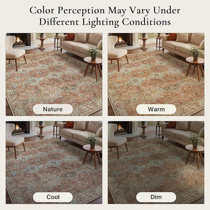 GENIMO 6x9 Area Rugs for Living Room, Machine Washable Non Slip Rugs, Low Pile Lightweight Print Rug for Bedroom, Dining Room, Home Office, Vintage Brick Red