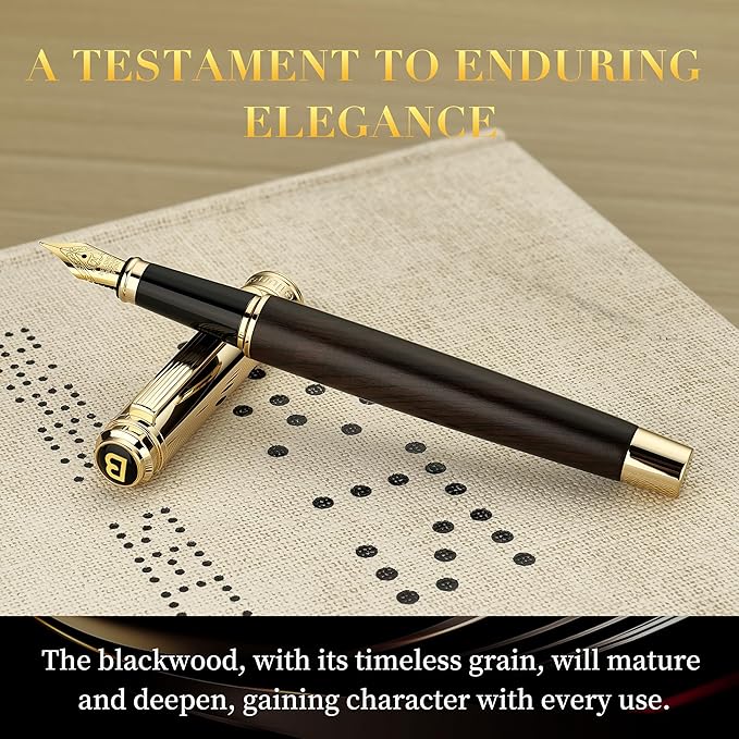 BEILUNER 316 Fountain Pen,Stunning Luxury Blackwood,24K Gilded Nib(Medium),Gorgeous 24K Gold Finish, Ink Converter,Trustworthy Gift for Men&Women-Elegant,Executive,Graduation Pens for Writing, BK-M