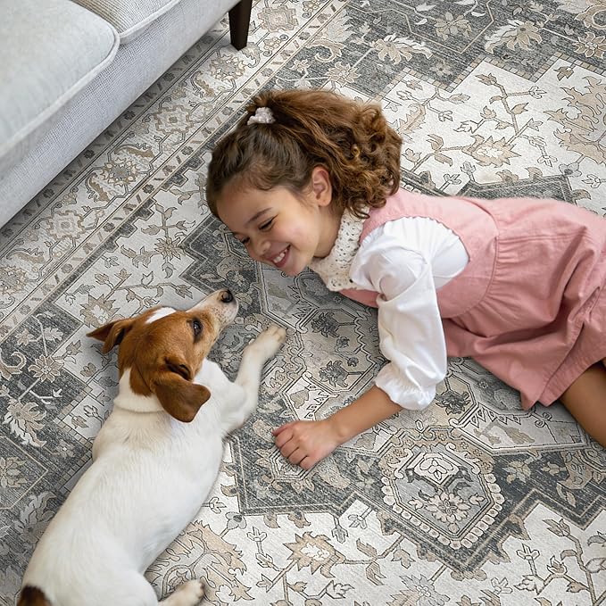 GENIMO 2'6"x6 Runner Rugs for Hallway, Machine Washable Non Slip Vintage Rugs, Low Pile Lightweight Soft Print Rug for enrtyway, Corridor, Home Office, Kitchen, Heathered Grey