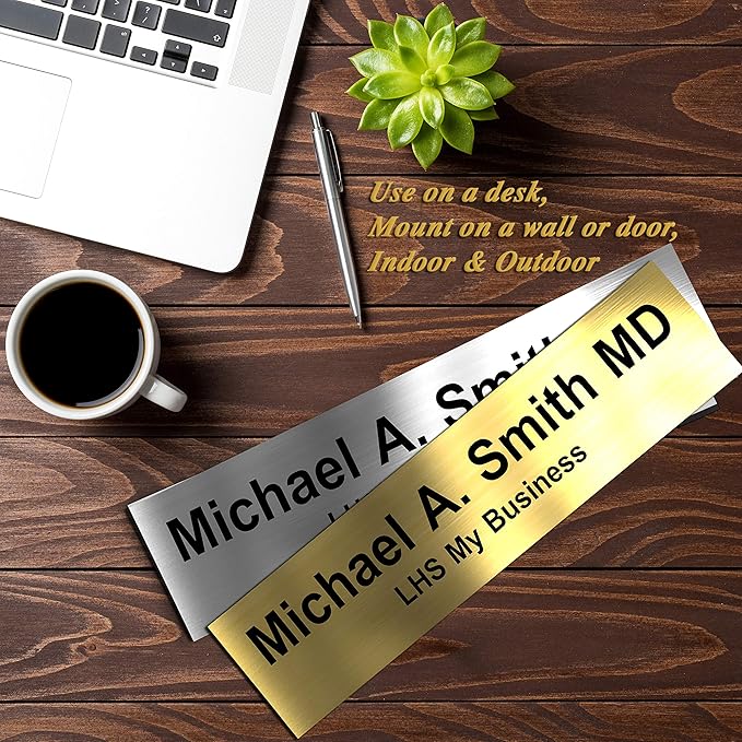 Engraved Name Plates for Desk and Door Signs Personalized Brushed Brass Plastic Nameplate with Black Letters - Made in USA 2x8 M6
