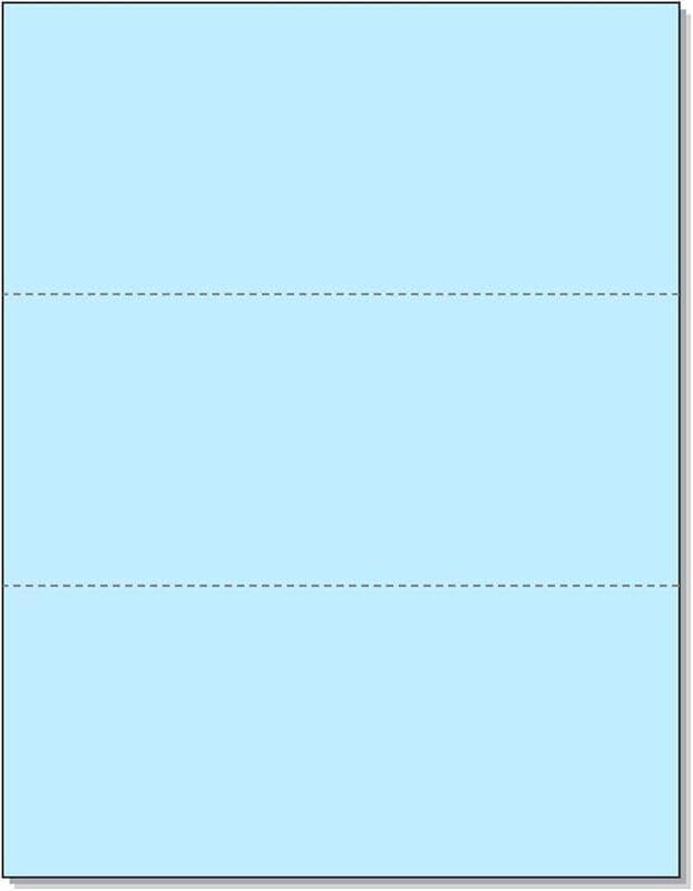 Limited Papers (TM) 8.5x11 Perforated Paper, 20/50 Pound, 75 GSM, Variety of Perforation Sizes and Colors, for Forms, Tickets, Postcards. (Blue, 3 up - horizontal 3 2/3" and 7 1/3" from bottom)