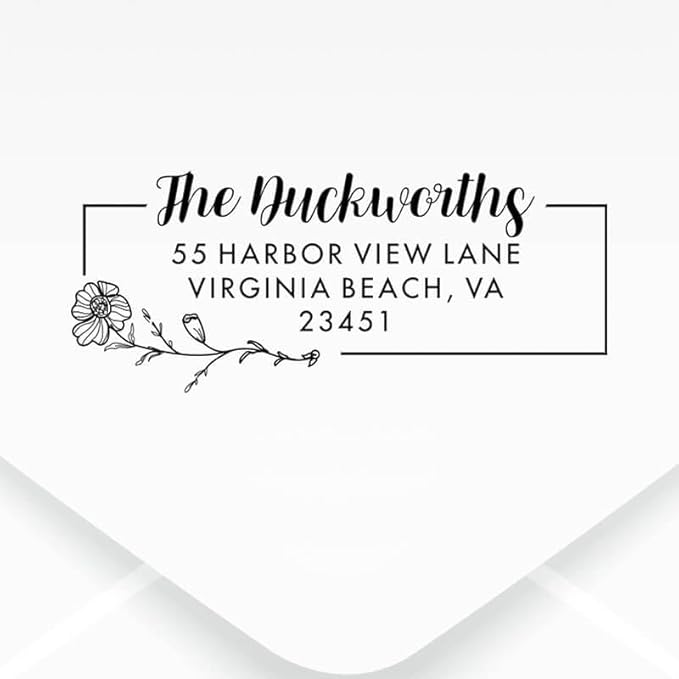 Custom Floral Address Stamp | Choose from 12 Designs | Multiple Ink Color Options | Envelope Return Address Stamp for Couple or Family (Design 8, Medium)