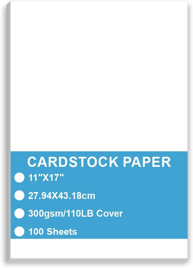 Cardstock Paper - Heavy White Stock, Cover Stock Paper, 110lb(300 gsm) Cover Stock Paper, 11" x 17", 100 Sheets, Card Stock for Poster, Menus, Greeting Cards, Tabloid, Architectural, Design Sketches