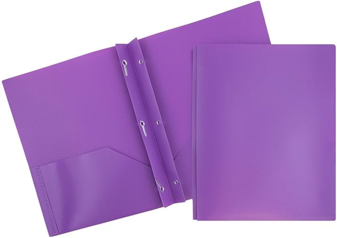 JAM PAPER Plastic Color Pop Folders - 2 Pocket Durable Folders with Metal Prongs Fastener Clasps - Purple - 3/Pack