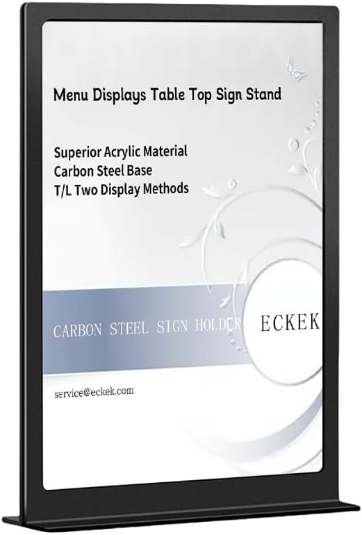 ECKEK Carbon Steel Sign Holder, Menu Displays Double Sided, Table Top Sign Stand (T Shape Black A4 210×297mm/8.27×11.69 inches)
