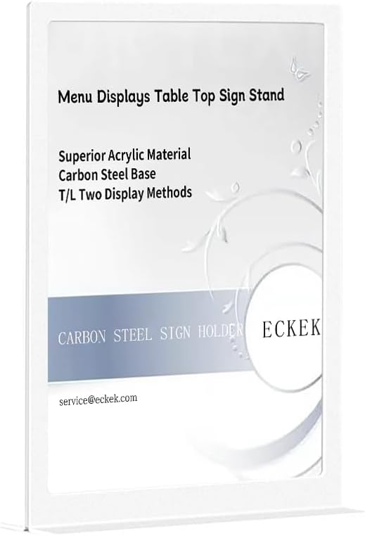 ECKEK Carbon Steel Sign Holder, Menu Displays Double Sided, Table Top Sign Stand (T Shape White A4 210×297mm/8.27×11.69 inches)