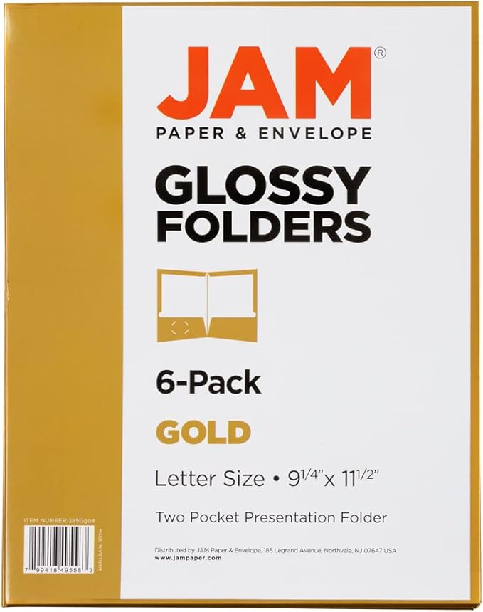 JAM PAPER Laminated Two Pocket Glossy School Folders - Letter Size - High Gloss Gold - 6/Pack