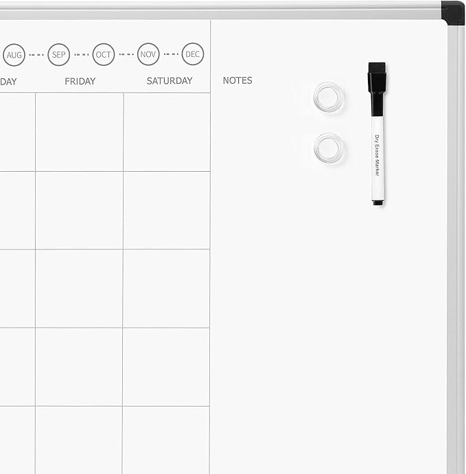 Amazon Basics 24" x 36" Monthly Whiteboard Calendar with Cork Board, Wall Mounted, Easy to Install, Silver Aluminum Frame