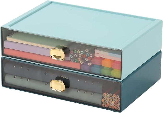 OSteed Spacious Desktop Storage Box, 2 Large Storage Drawers, Stackable Office Desk Drawer Organizer and Accessories, Printer Paper Organizer, Blue & Cyan Plastic Drawers for Workspace & Home