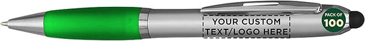 DISCOUNT PROMOS Custom Stylus Ballpoint Pens Set of 100, Personalized Bulk Pack - Black Ink, Great for Office, School, Business, Tradeshows, Events - Green