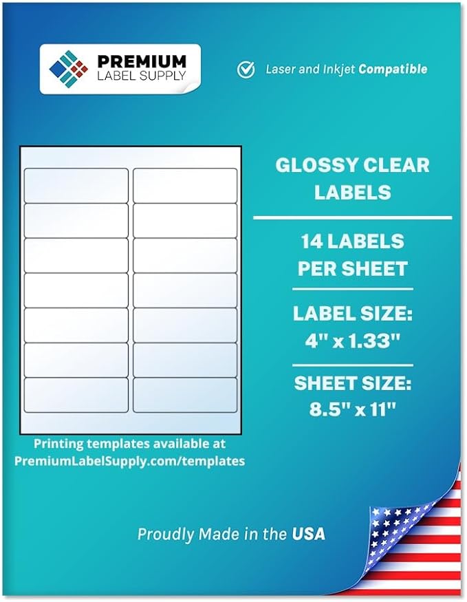 Premium Label Supply Glossy Clear Mailing Labels – 4" x 1.33" – Laser/Inkjet Compatible – (14 per Sheet), 25 Sheets – 350 Total Adhesive Labels