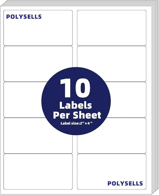 POLYSELLS Self Adhesive 2"x4" Address Shipping Labels, 10UP White Sticker FBA Labels, Inkjet/Laser Printer Compatible, 10 Labels/Sheet, 100 Sheets/1000 Labels