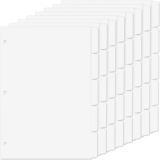 Binder Dividers for 3 Ring Binder, 1/5 Cut Tabs, Letter Size, Blank Write On Page Dividers with 5 Big Tabs for School Office Home, 8 Sets, 40 Dividers, White