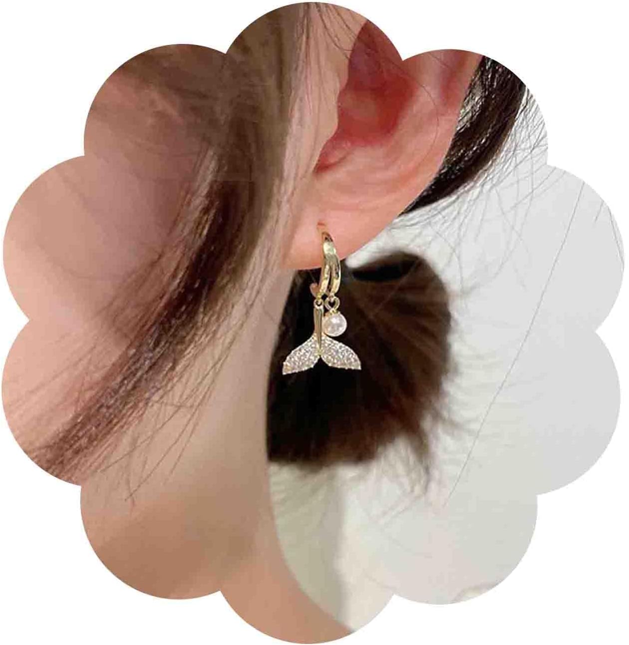 Boho Crystal Pearl Dangle Earrings Cz Mermaid Tail Stud Earrings Gold Pearl Hoop Earrings Vintage Whale Tail Earrings Jewelry for Women