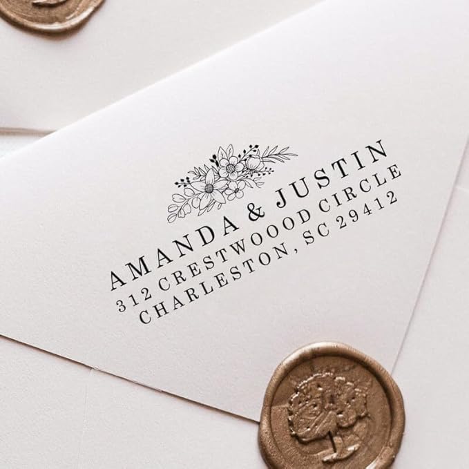 Custom Floral Address Stamp | Choose from 12 Designs | Multiple Ink Color Options | Envelope Return Address Stamp for Couple or Family (Design 5, Medium)
