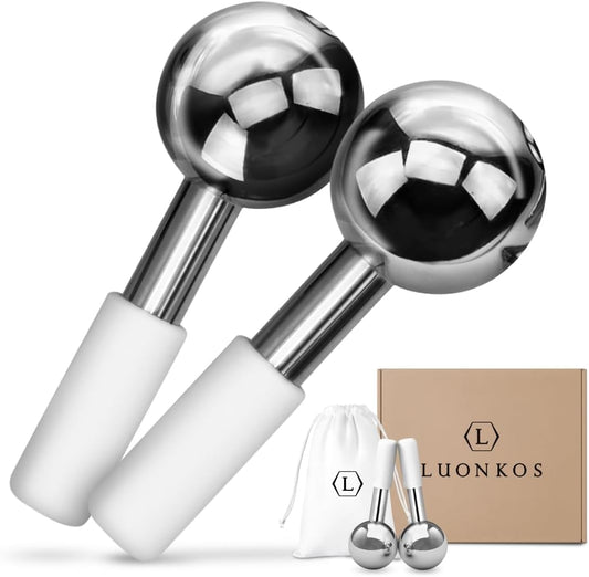 LUONKOS Gua Sha Ice Globes - Set of 2, Silver Stainless Steel - Facial Massage Tool & Lymphatic Drainage Massager - Reduces Puffiness, Fine Lines & Dark Circles