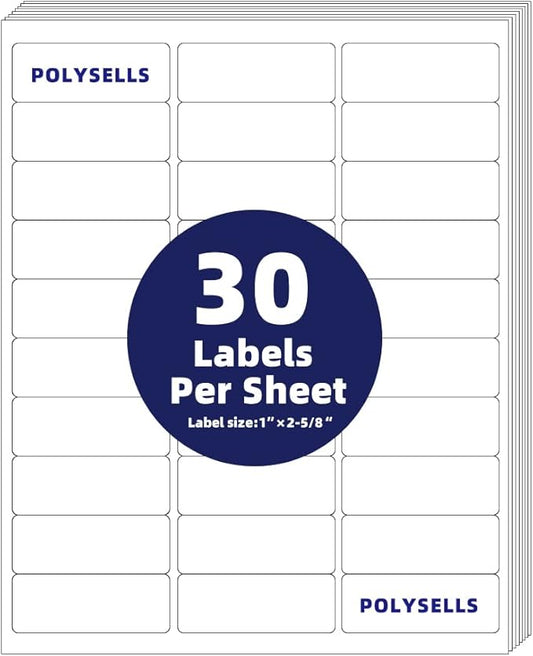 POLYSELLS 1" x2-5/8 Self Adhesive Address Labels, 30UP Blank Shipping Labels, FUSKU, FBA Mailing Labels for Inkjet and Laser Printer, 30000 Sticker Labels (1000 Sheets), 30 Labels per Sheet