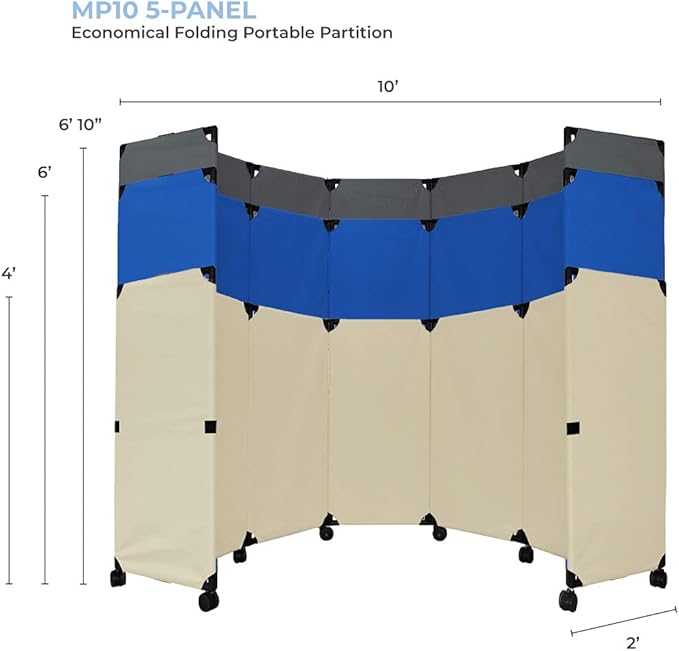 Versare MP10S Portable Folding Wall Partition | Economical 5 Panel Design | Portable Room Divider On Wheels | Adjustable, Freestanding Setup | Multiple Widths