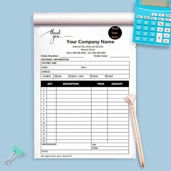 Personalized Invoice Book Custom 2 Part/3 Part Receipt Book Quote Estimate Order Forms Carbonless Form with Your Company Name Logo Address,2-10 Books (Style 11)
