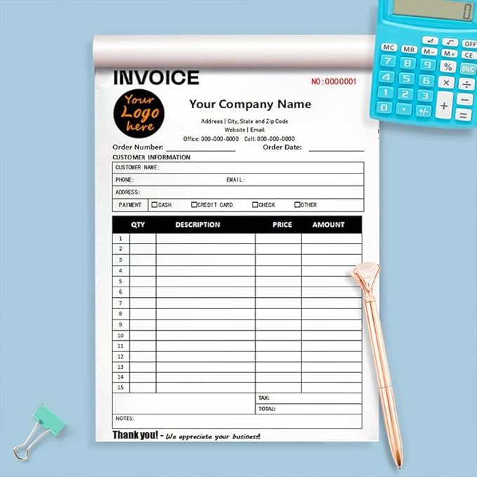 Personalized Invoice Book Custom 2 Part/3 Part Receipt Book Quote Estimate Order Forms Carbonless Form with Your Company Name Logo Address,2-10 Books (Style 17)