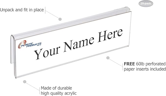 Acrylic Partition Name Plate Holders - Single Sided 8-1/2" Wide x 2" high (25 - PK, 1/4" Cubicle Wall) by Plastic Products Mfg.
