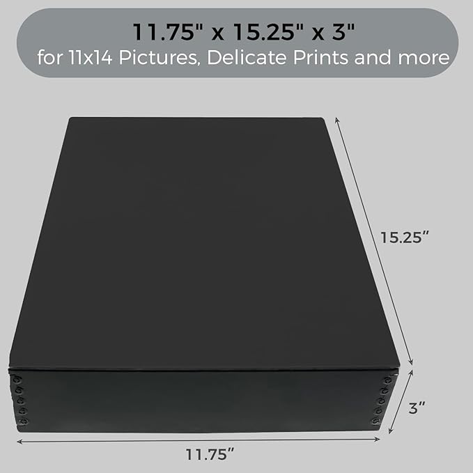 Lineco Museum Archival Storage Box, 11.75x15.25x3 in. Drop Front Design. Acid-Free with Metal Edge. Organize Photos, Pictures, Prints, Documents, Crafts, DIY. Black, 8 Pack