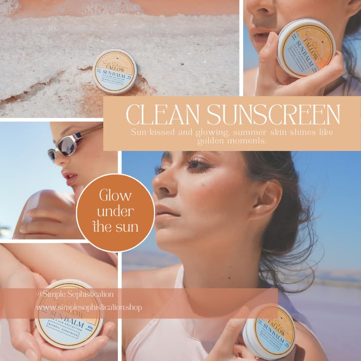 Tallow Sun Balm- with grassfed beef tallow, castor oil, zinc oxide | Mineral Sunscreen | Natural, Organic | Reef Safe, Ocean Friendly | Spf 30 - suitable for sensitive skin (2 oz) (Medium)