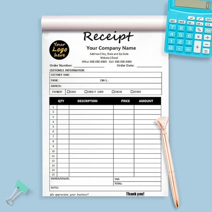 Custom Carbonless Sales Invoice Form Books for Small Business, Personalized NCR 3-Part Receipt Book with Carbon Copies, Cover Add Company Name, Address and Number Printed
