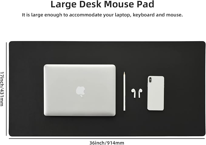 Leather Desk Pad,Wolaile 36x17 inch Large Mouse Pad,Waterproof Non-Slip Writing Desk Blotter,Computer Mat Desktop Protector for Office Home,Black
