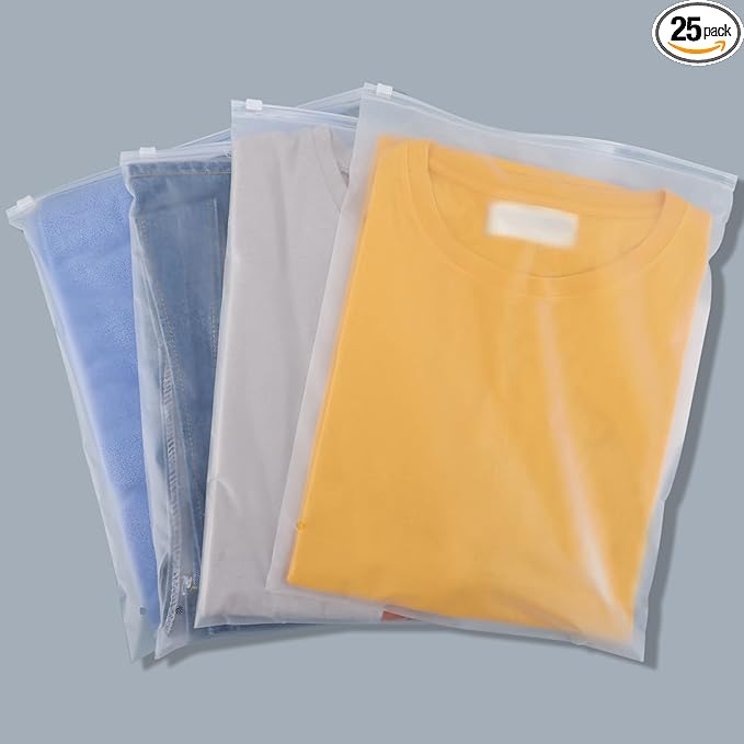 Svaldo Clothes Packaging Bags for Shipping, 25 Count 14x18 inch Frosted Zipper Plastic Bags for Clothing, Thick Plastic Apparel Bag for Packaging T-Shirt, Shirt, 3 Mil, with Vent Holes Storage Bag