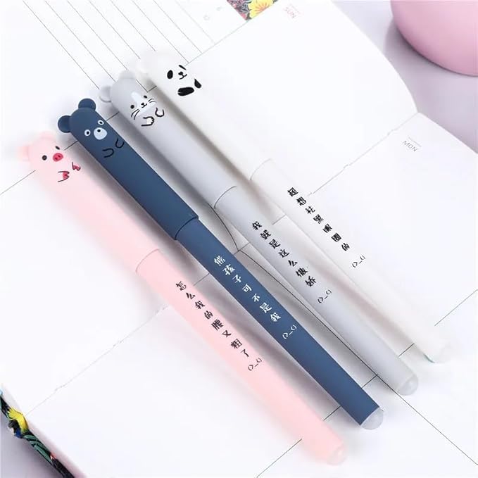 Piaogui 6pcs 0.5mm Erasable Gel Pens,Kawaii Cute Bear Pig Erasable Gel Pen Set Kawaii Pens Back to School Stationery Supplies for Writing Noting Journaling Kids Gifts (Grey-6 Pcs)