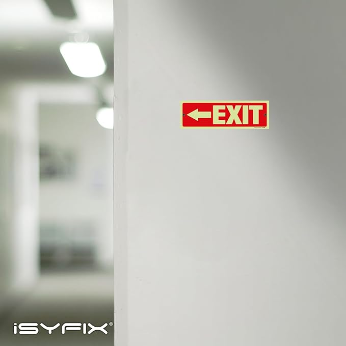 iSYFIX Exit Signs with Directional Left Arrow - 6 Pack 12x4 Inch Glow in the Dark for Business, School, Office, Warehouse - Durable 40 Mil Polystyrene, UV Laminated, Waterproof, Scratch & Fade Resistant