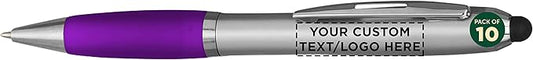 DISCOUNT PROMOS Custom Stylus Ballpoint Pens Set of 10, Personalized Bulk Pack - Black Ink, Great for Office, School, Business, Tradeshows, Events - Purple