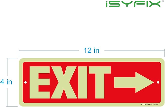 iSYFIX Exit Signs with Directional Right Arrow, Glow in the Dark, Photoluminescent Aluminum 12x4 Inch - 12 Pack, Laminated for UV & Weather Resistance, Ideal for Offices, Schools, Theaters & More