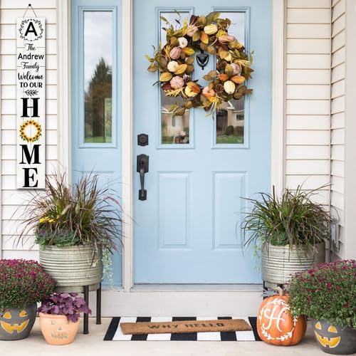 SRongmao Welcome To Our Home Porch Sign Personalized Welcome Sign for Front Door Custom Family Name Signs Standing Vertical Rustic Farmhouse Sunflower Wreaths Decor for Front Door Wall Decor
