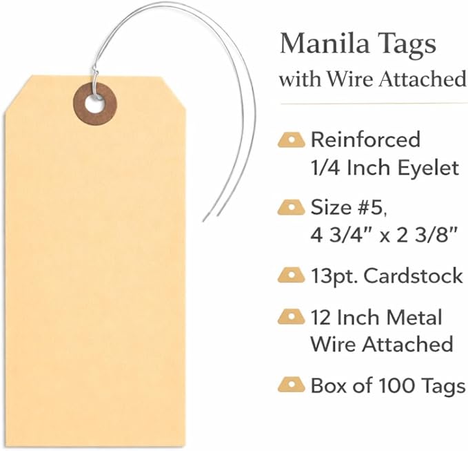 Label Tags with Wire Attached - 4 3/4" x 2 3/8" Box of 100 Blank Manila Tags with Reinforced Hole and Metal Wire Ties, Labels with Wire
